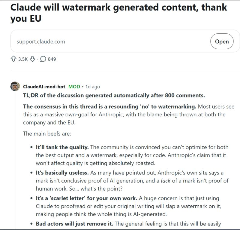 Um tópico do Reddit reagindo à marcação de conteúdo gerado pelo Claude.